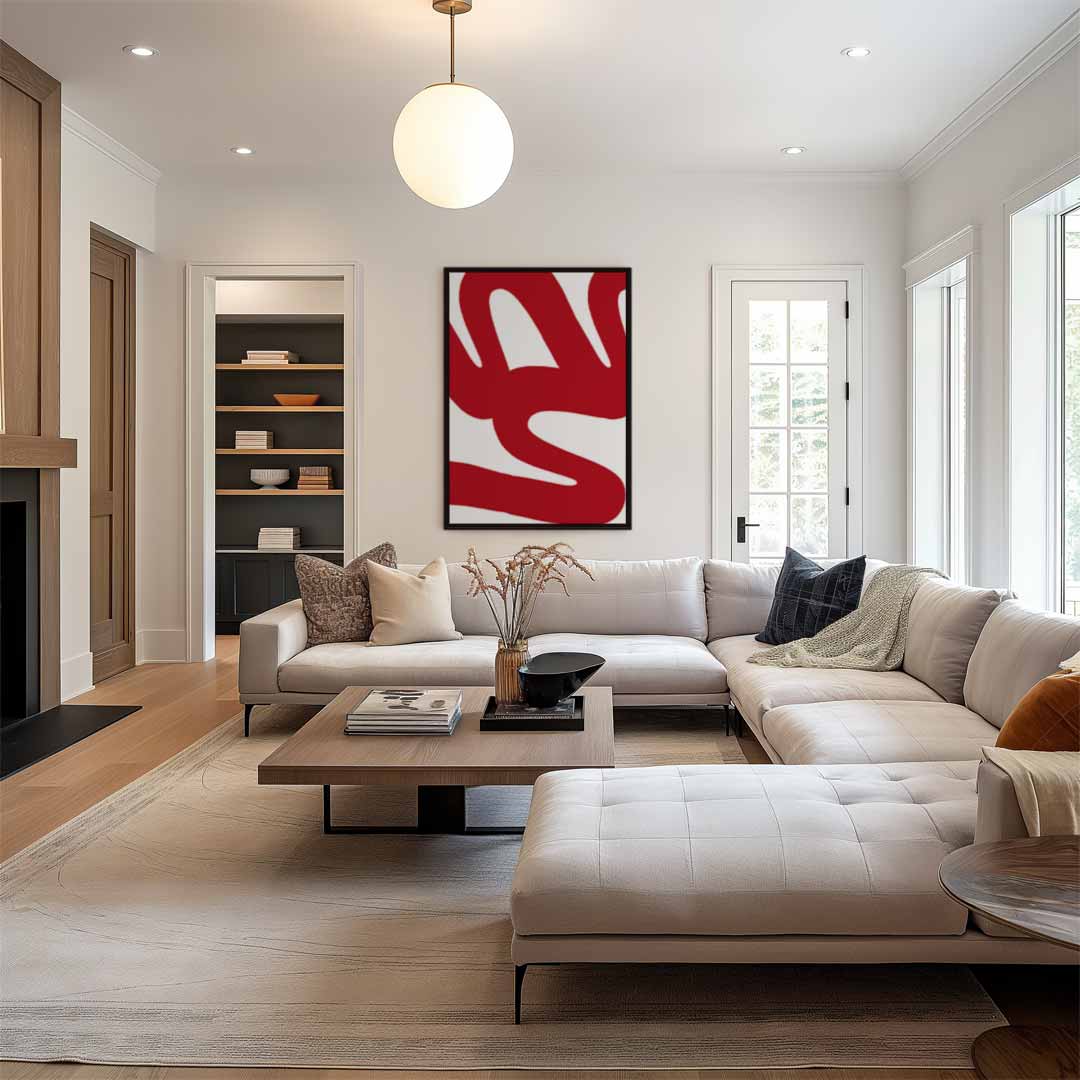 Golvende Rode Lijnen Kunstwerk-canvas-dibond-plexiglas-wanddecoratie-WallArtistic
