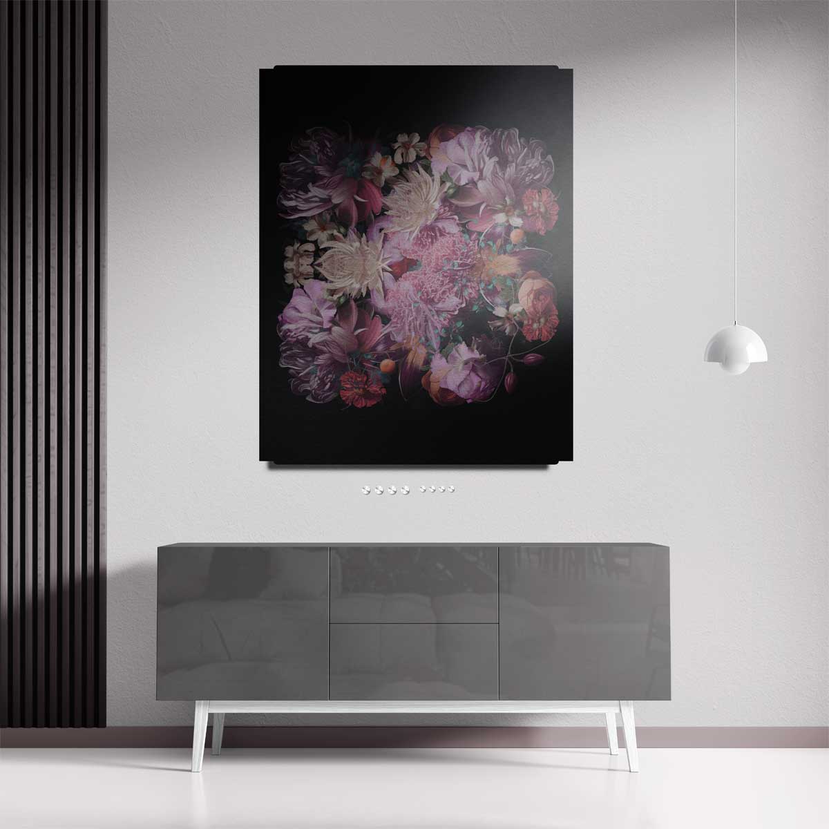 Bloemenpracht op Zwart Kunstwerk-canvas-dibond-plexiglas-wanddecoratie-WallArtistic