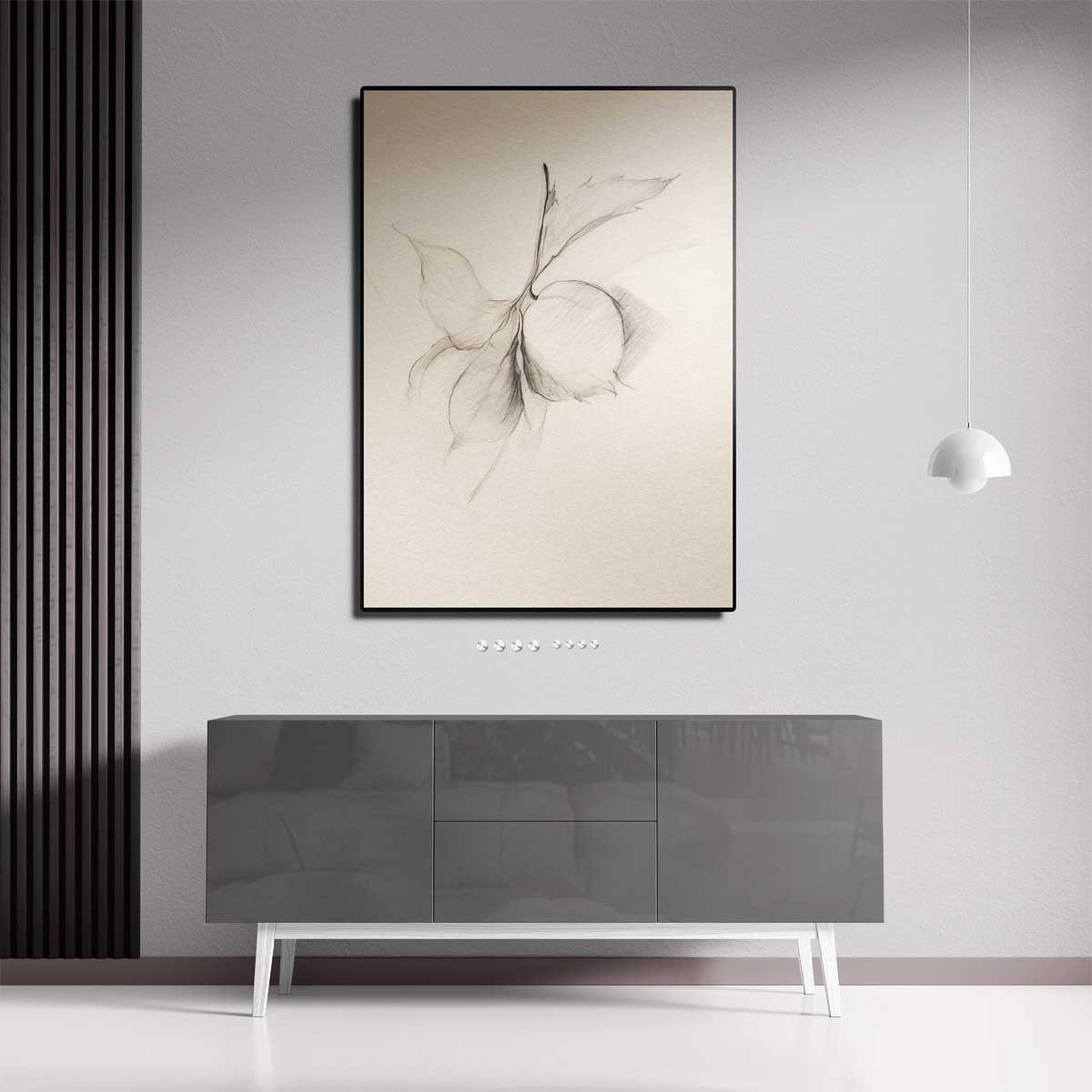 Minimalistische Potloodtekening van Blad en Vrucht Kunstwerk-canvas-dibond-plexiglas-wanddecoratie-WallArtistic