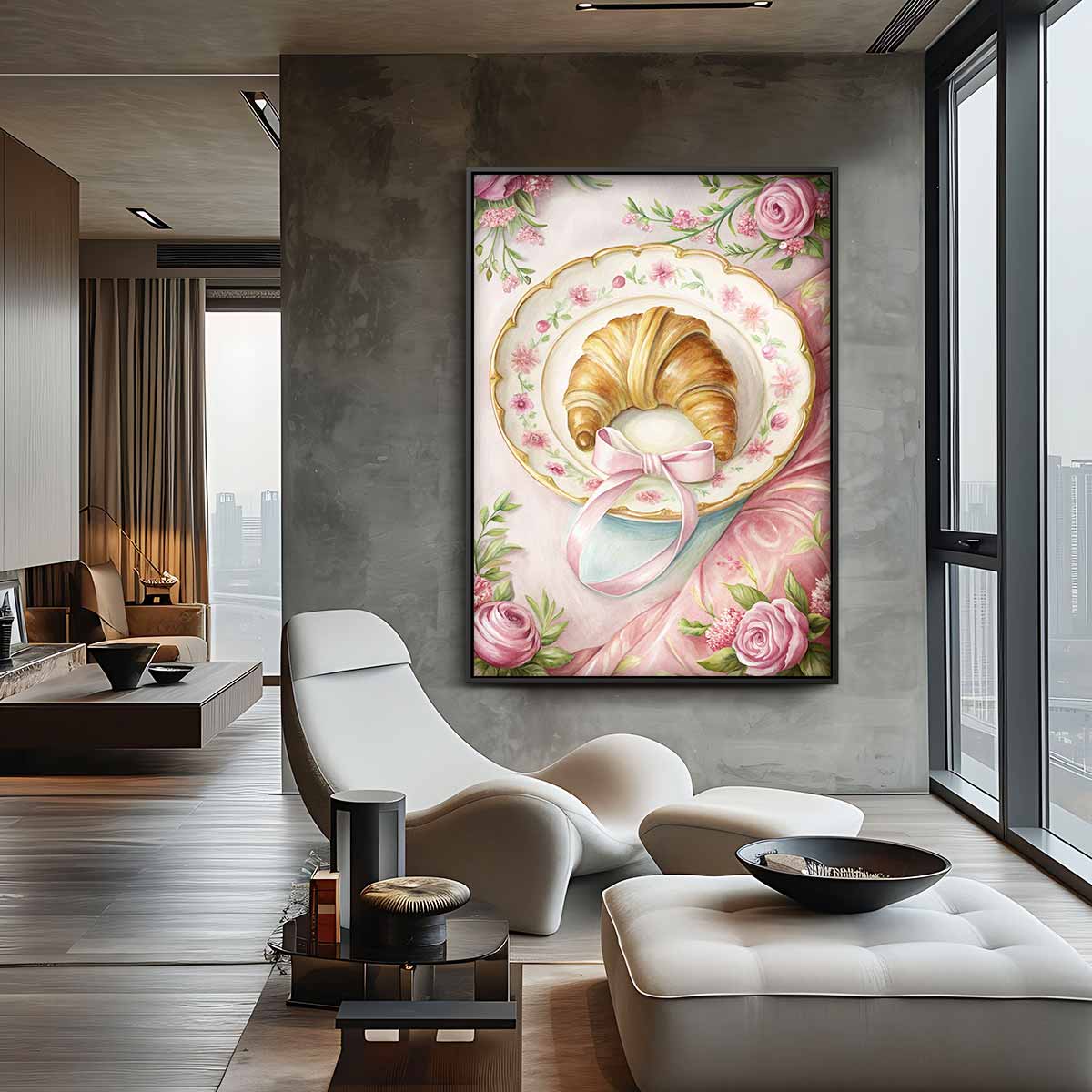 Croissant op Bloemenbord Kunstwerk-canvas-dibond-plexiglas-wanddecoratie-WallArtistic