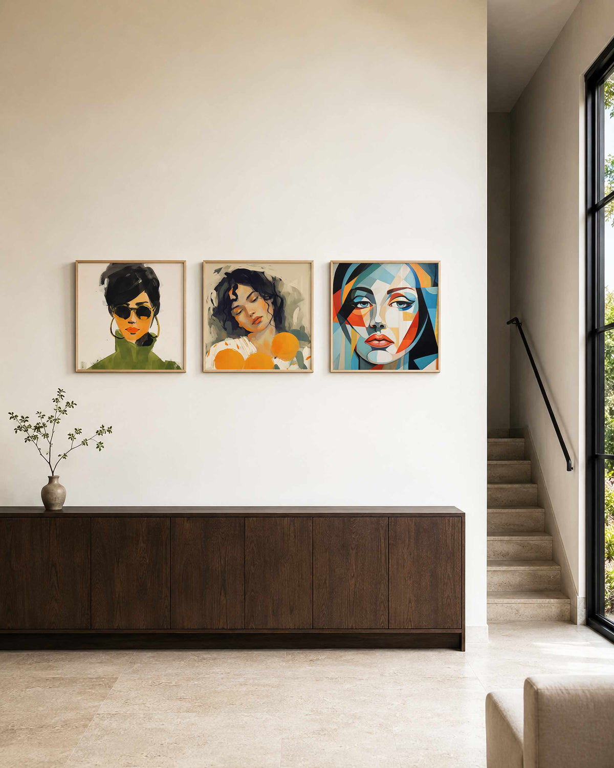 Interieurpresentatie van een driedelige vierkante posterset met vrouwenportretten