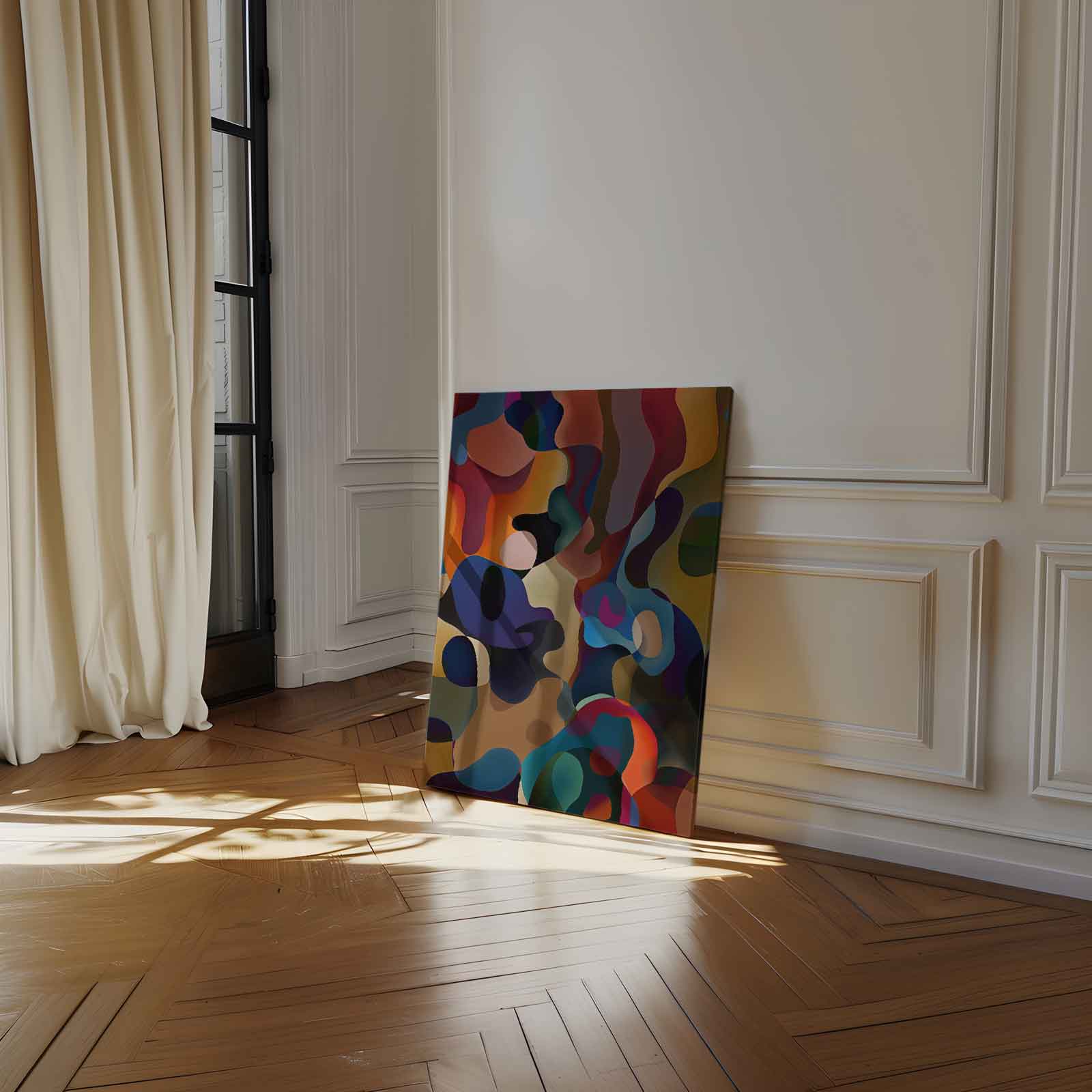 Kleurrijke Dans van Abstracte Vormen Kunstwerk-canvas-dibond-plexiglas-wanddecoratie-WallArtistic