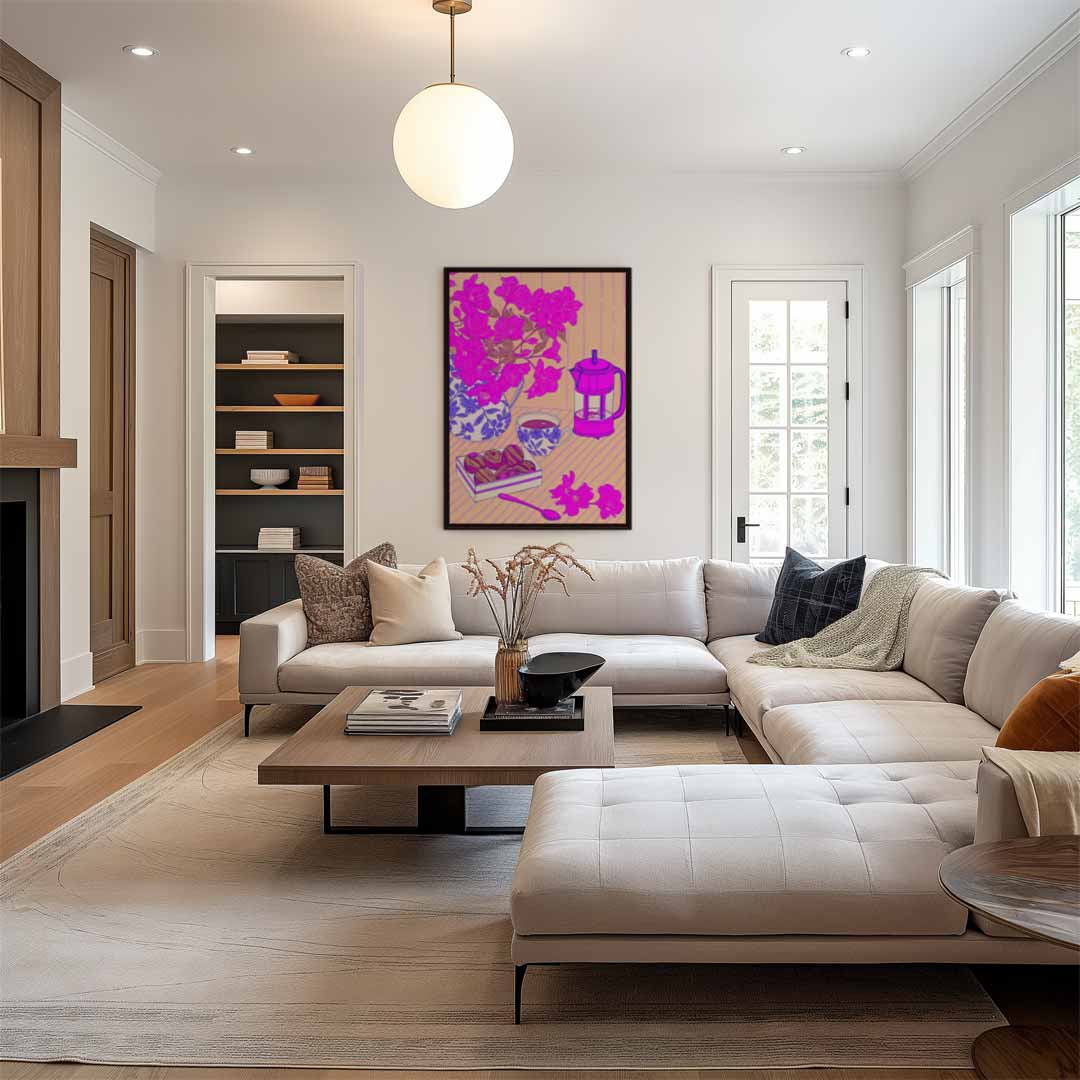 Bloemrijke Koffiemoment Kunstwerk-canvas-dibond-plexiglas-wanddecoratie-WallArtistic