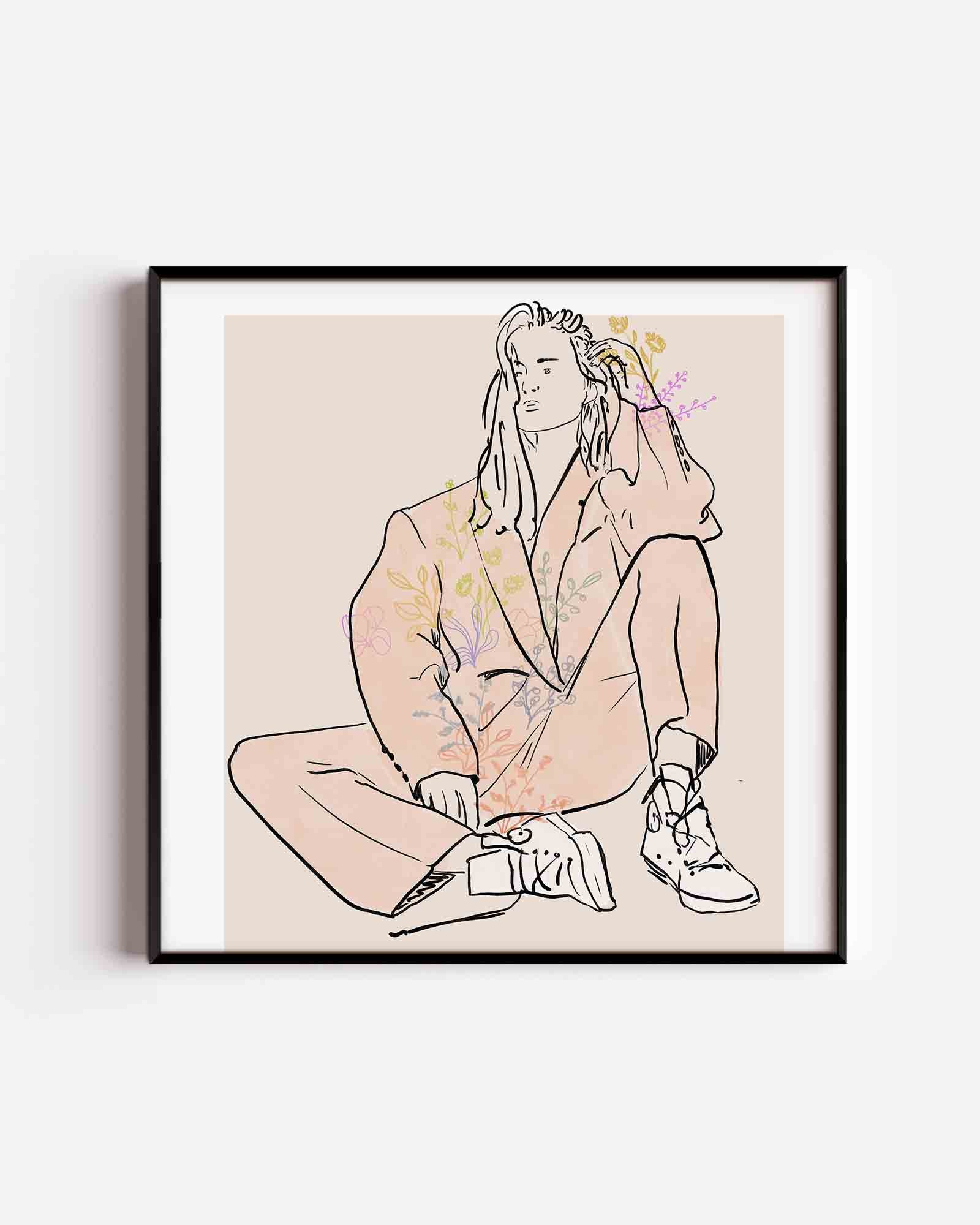 Zittende figuur met bloemen Poster