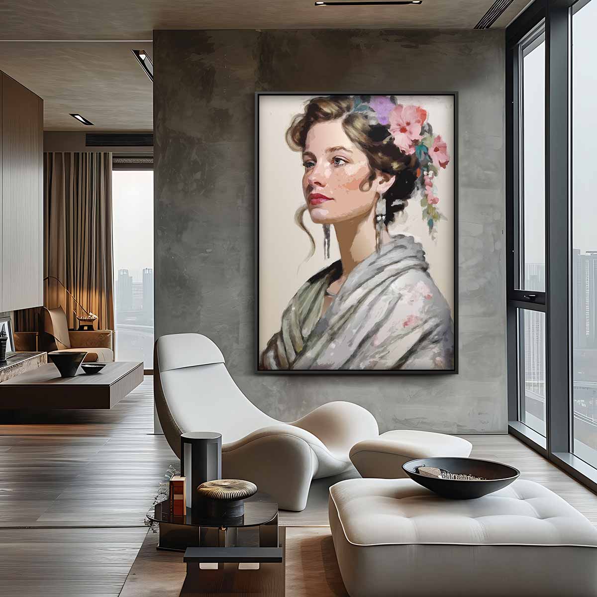 Elegant Portret van een Vrouw met Bloemen Kunstwerk-canvas-dibond-plexiglas-wanddecoratie-WallArtistic