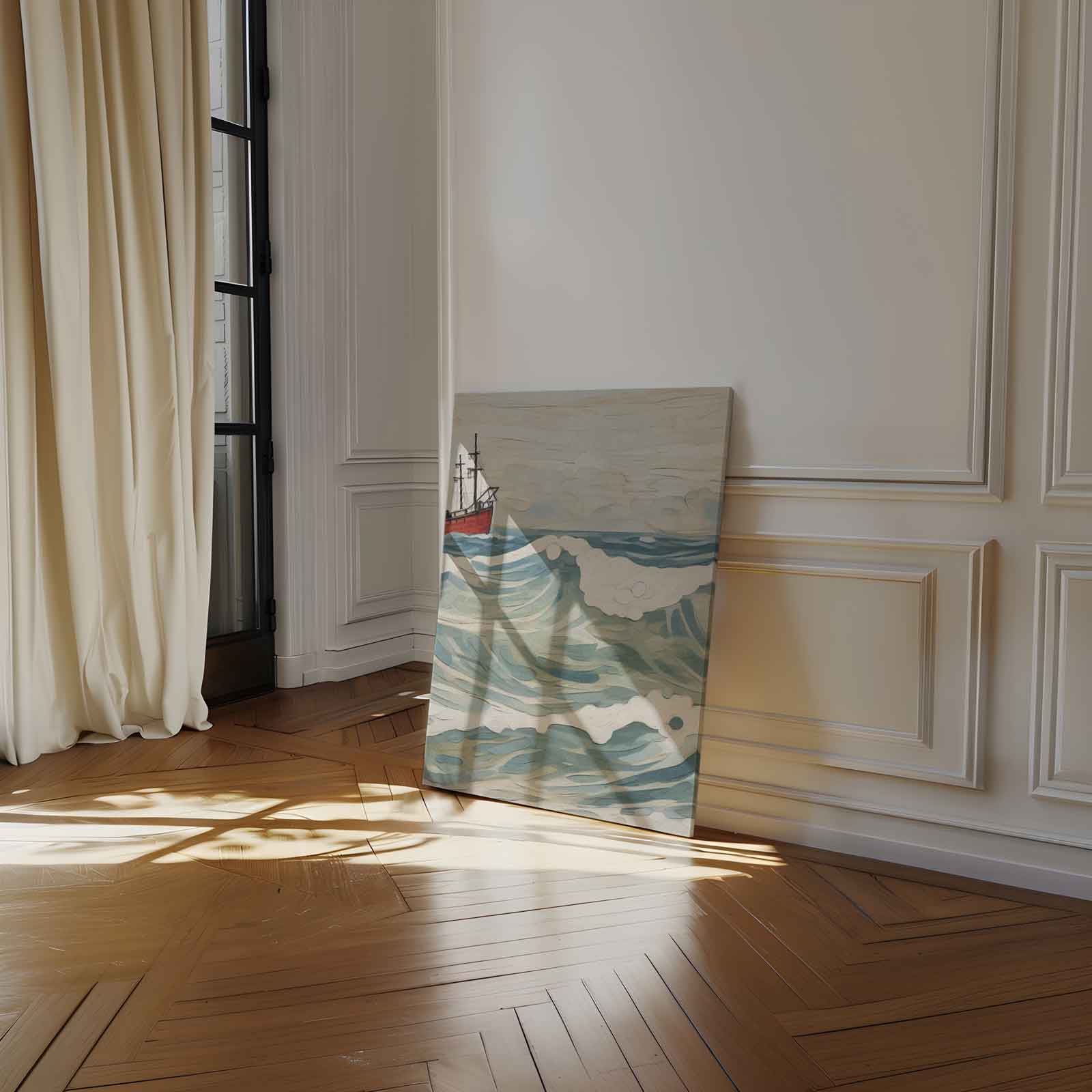 Golven van Avontuur: Rood Schip op Zee Kunstwerk-canvas-dibond-plexiglas-wanddecoratie-WallArtistic
