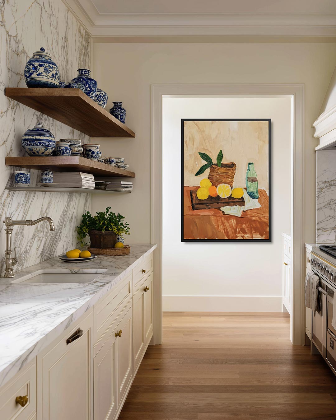 Fruit en fles compositie Kunstwerk