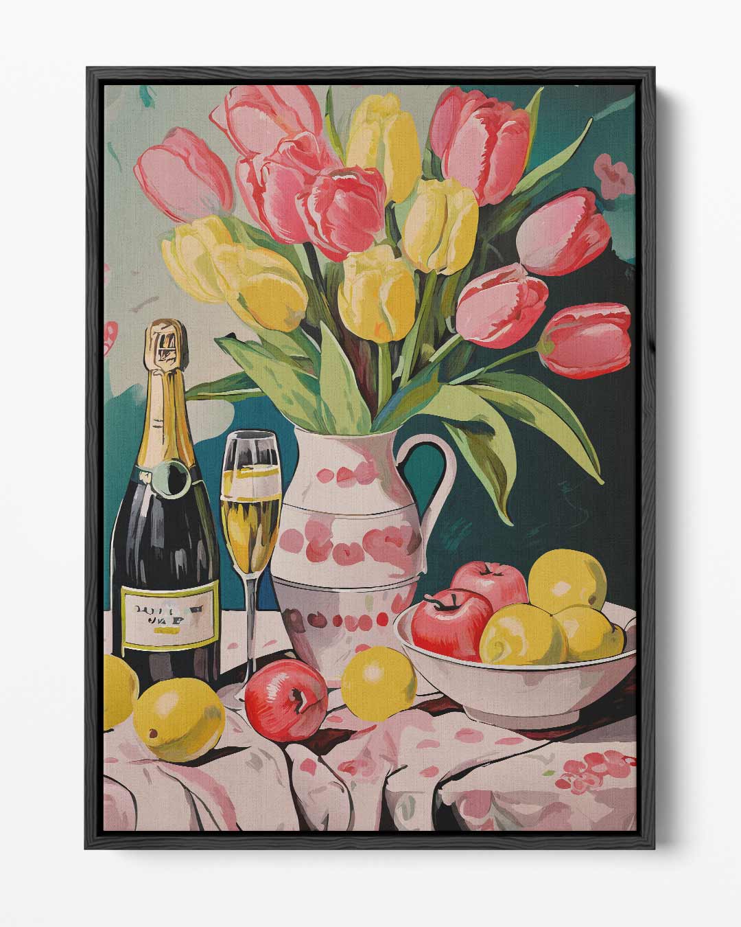Tulpen en Champagne Stilleven Kunstwerk-canvas-dibond-plexiglas-wanddecoratie-WallArtistic