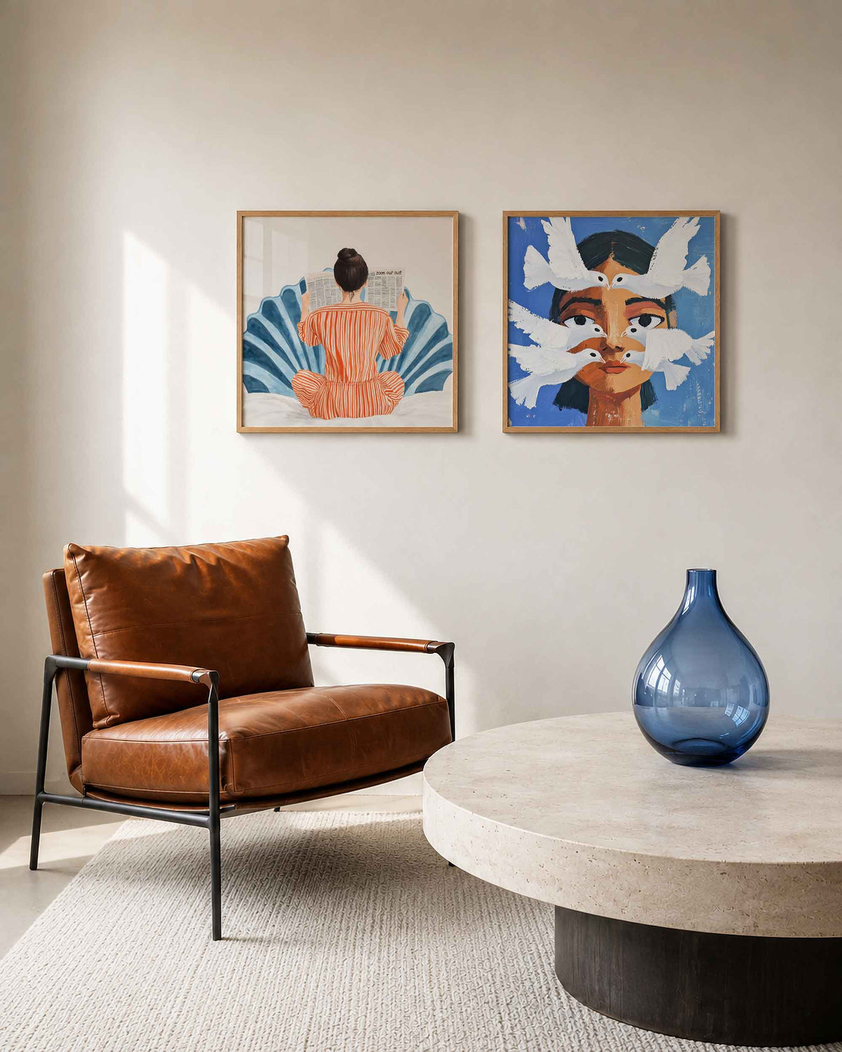 Interieurpresentatie van een tweedelige vierkante posterset met lezende vrouw en duiven