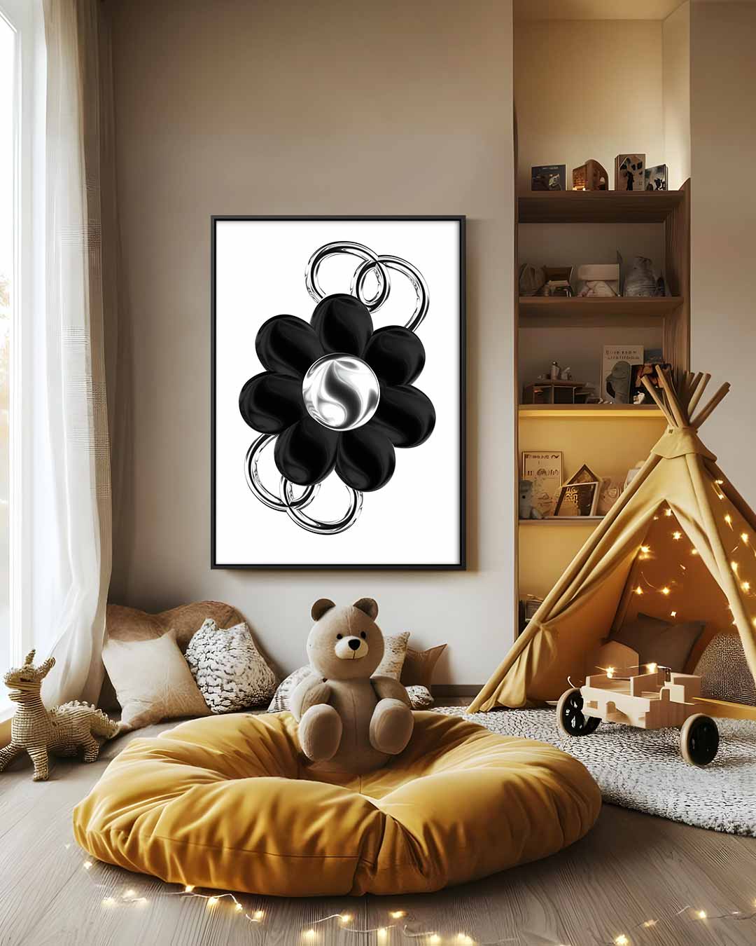 Bloem in Zilver en Zwart Kunstwerk-canvas-dibond-plexiglas-wanddecoratie-WallArtistic