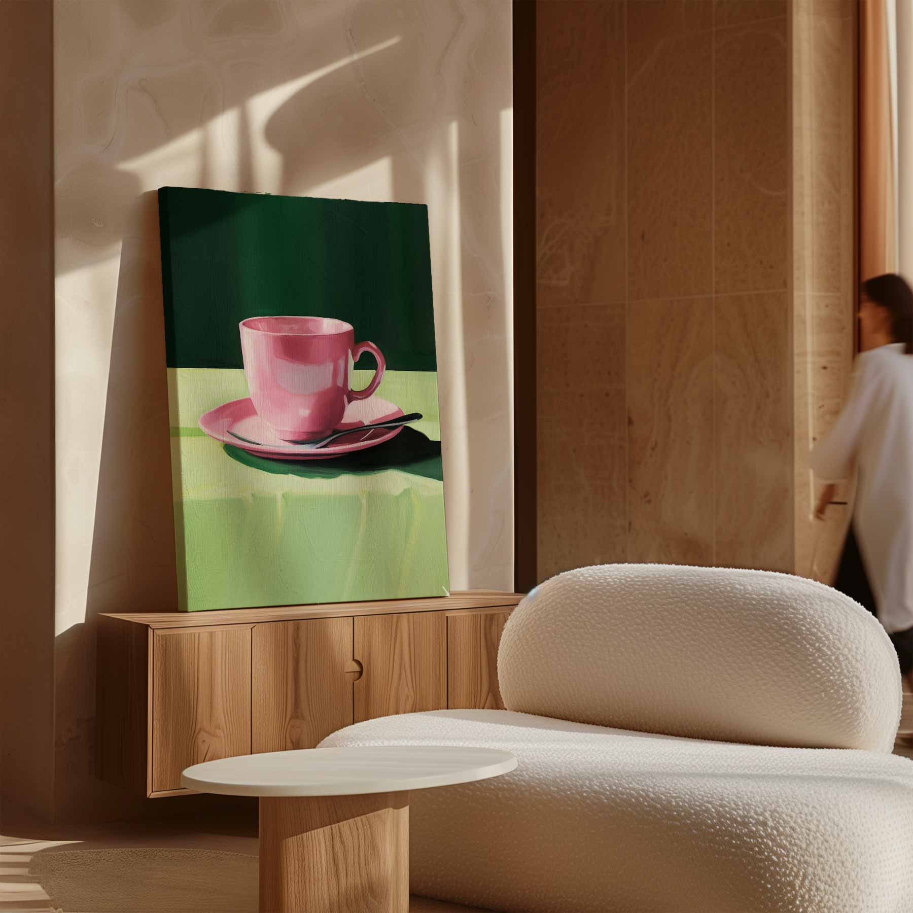 Roze Kopje op Groen Tafellaken Kunstwerk-canvas-dibond-plexiglas-wanddecoratie-WallArtistic