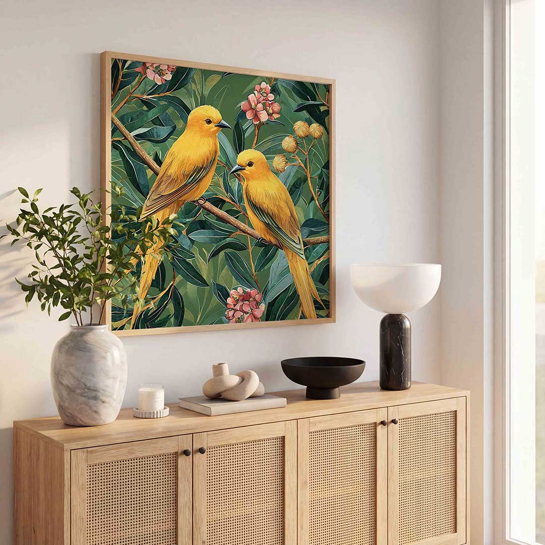 Gele vogels op tak Poster