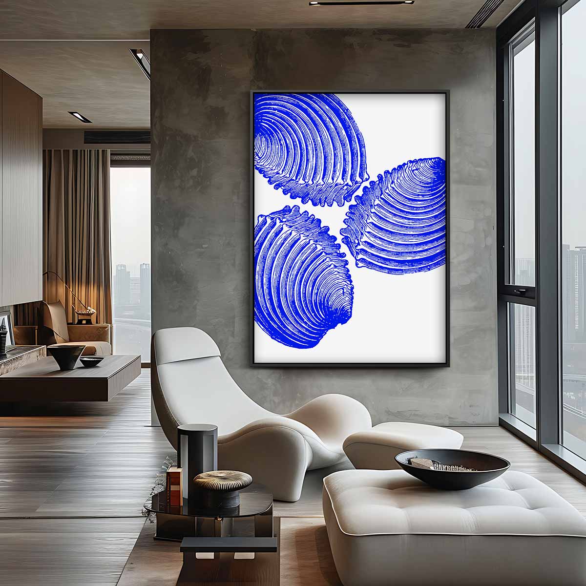 Blauwe Schelp Trio Kunstwerk Kunstwerk-canvas-dibond-plexiglas-wanddecoratie-WallArtistic