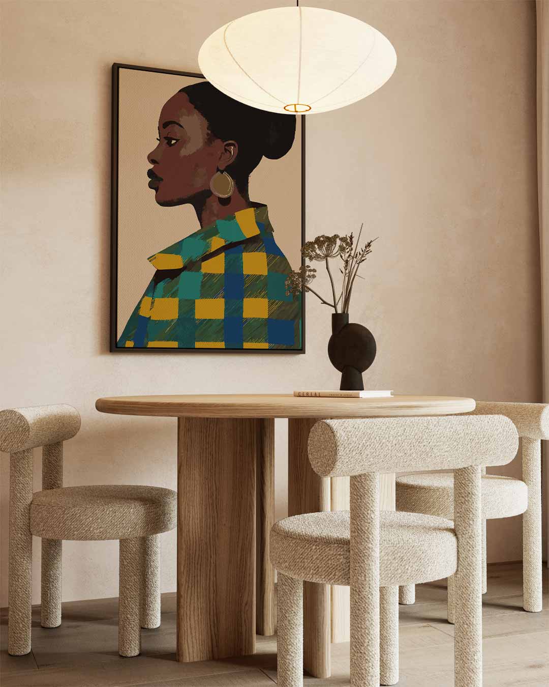 Vrouw in Vrolijk Patroon Kunstwerk-canvas-dibond-plexiglas-wanddecoratie-WallArtistic