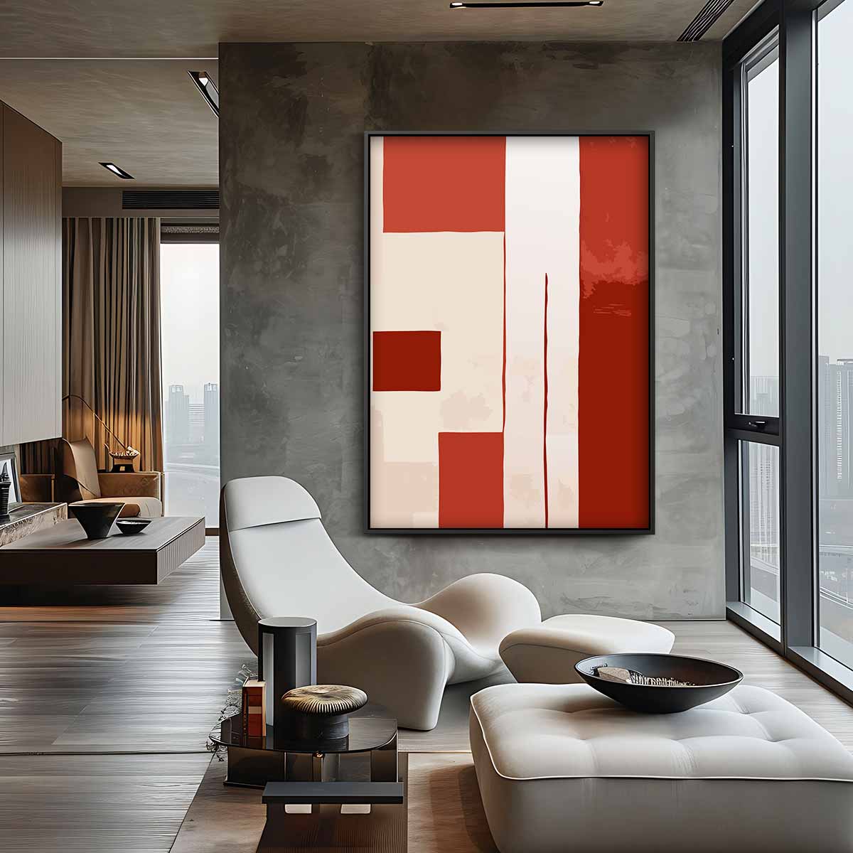 Abstracte Rood-Beige Compositie Kunstwerk-canvas-dibond-plexiglas-wanddecoratie-WallArtistic
