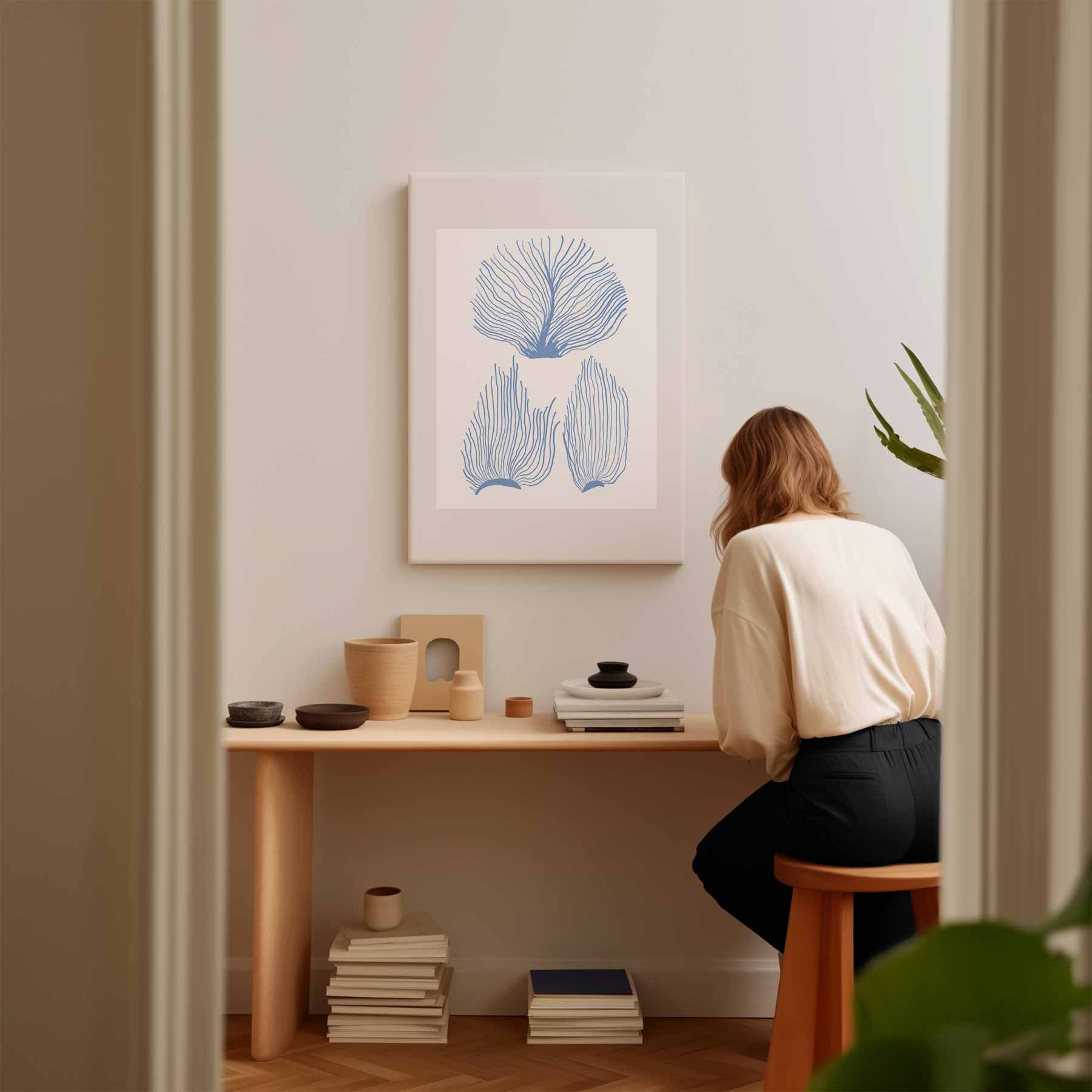 Abstracte Blauwe Kooraalprint Kunstwerk-canvas-dibond-plexiglas-wanddecoratie-WallArtistic