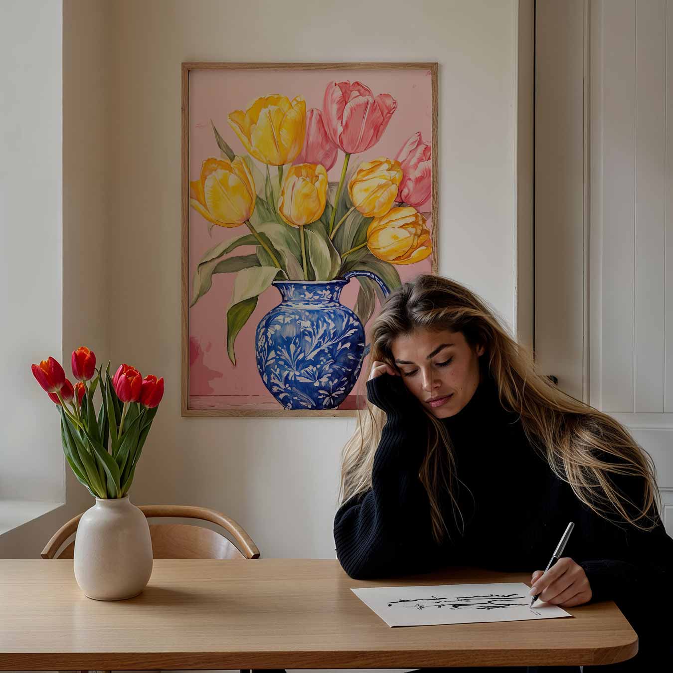 Vrolijke Tulpen in Blauwe Vaas Poster