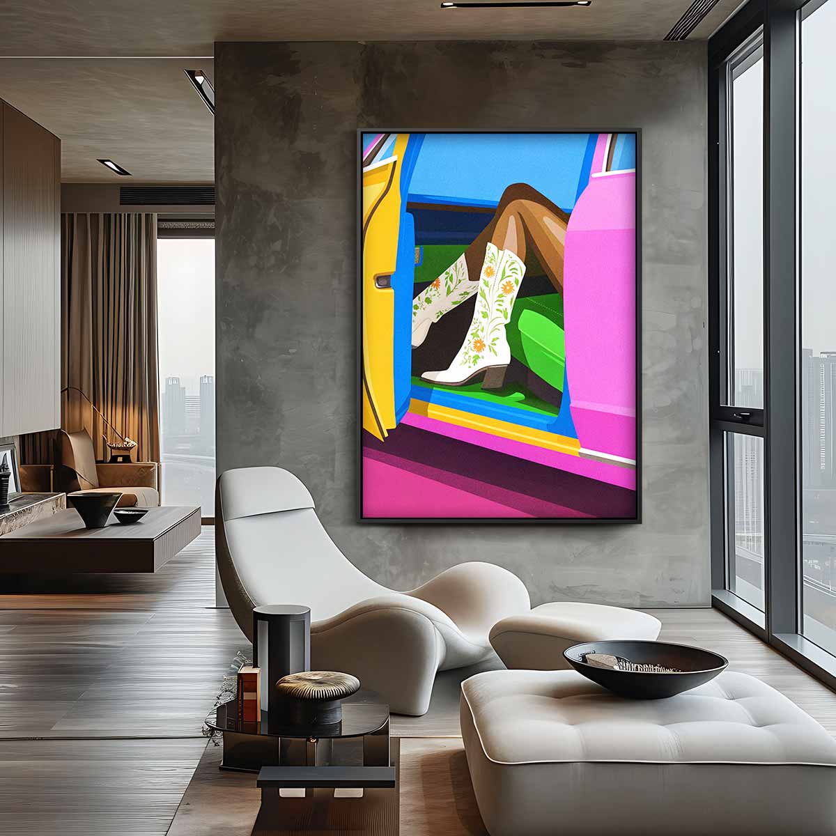 Vrolijke Coole Auto Scene Kunstwerk-canvas-dibond-plexiglas-wanddecoratie-WallArtistic