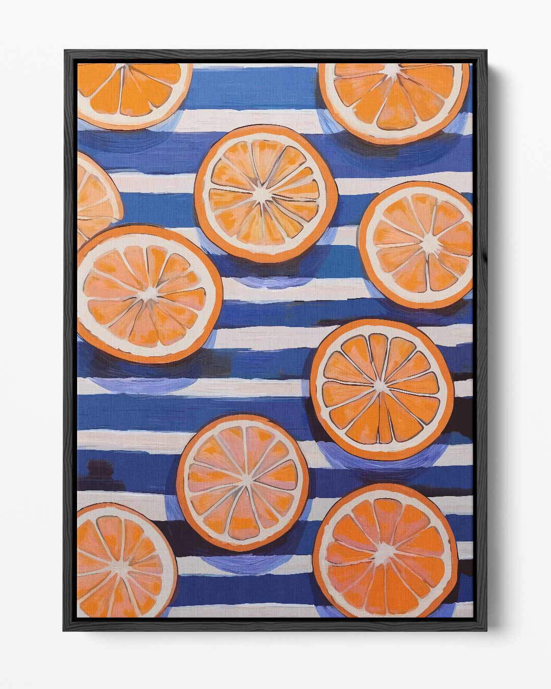 Zonnige Sinaasappels op Streepjespatroon Kunstwerk-canvas-dibond-plexiglas-wanddecoratie-WallArtistic