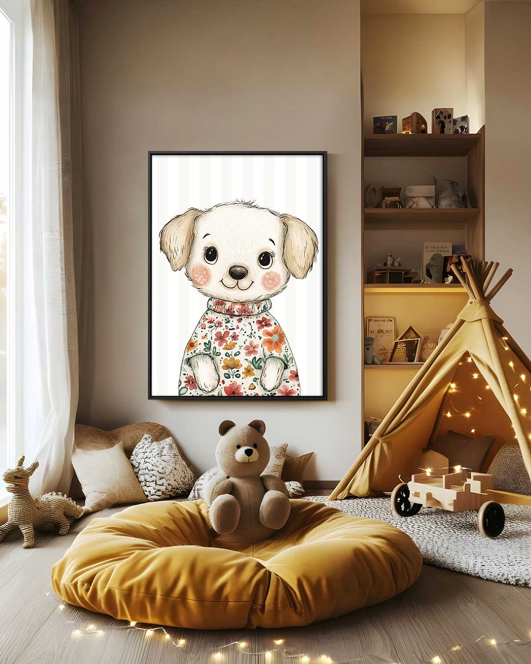 Schattige Puppy in Bloemensweater Kunstwerk-canvas-dibond-plexiglas-wanddecoratie-WallArtistic