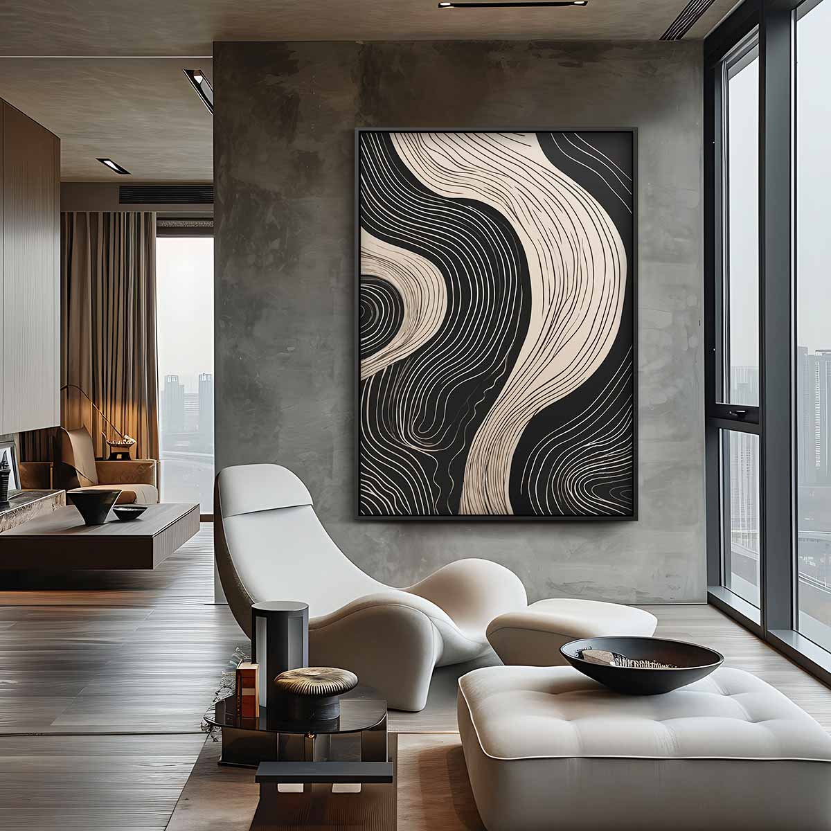 Golvende Lijnen op Zwart Kunstwerk-canvas-dibond-plexiglas-wanddecoratie-WallArtistic