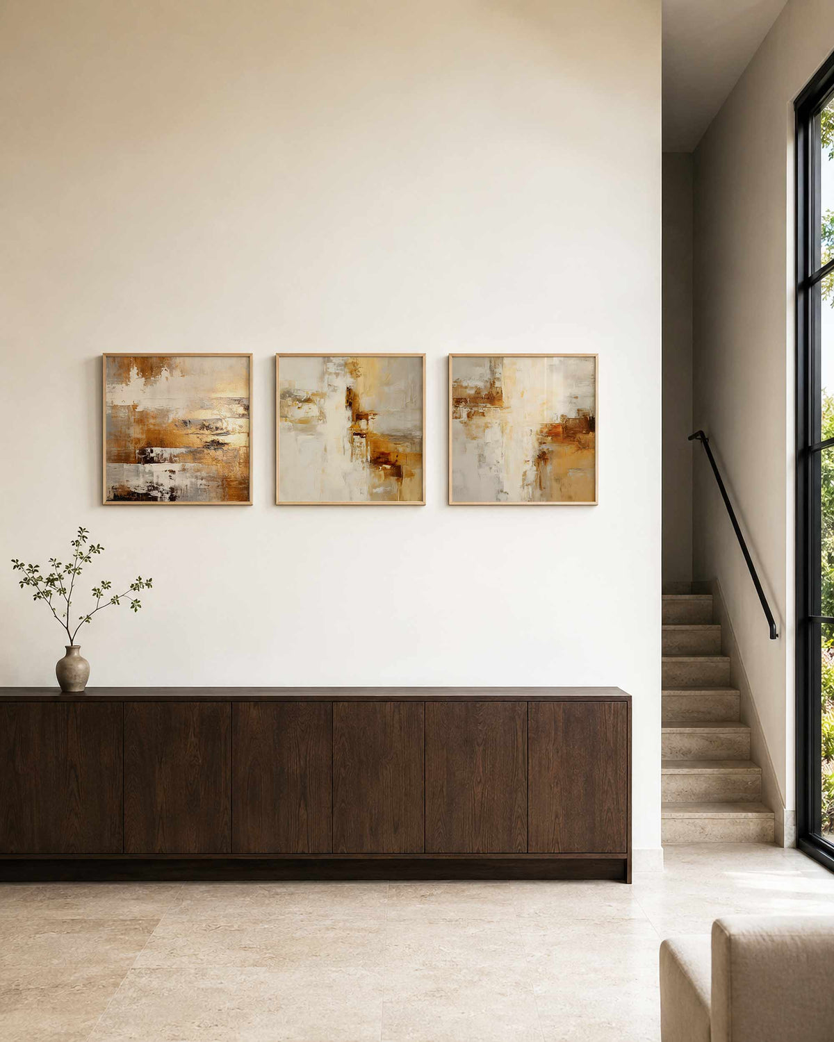 Interieurpresentatie van een driedelige vierkante posterset met abstracte aardetinten