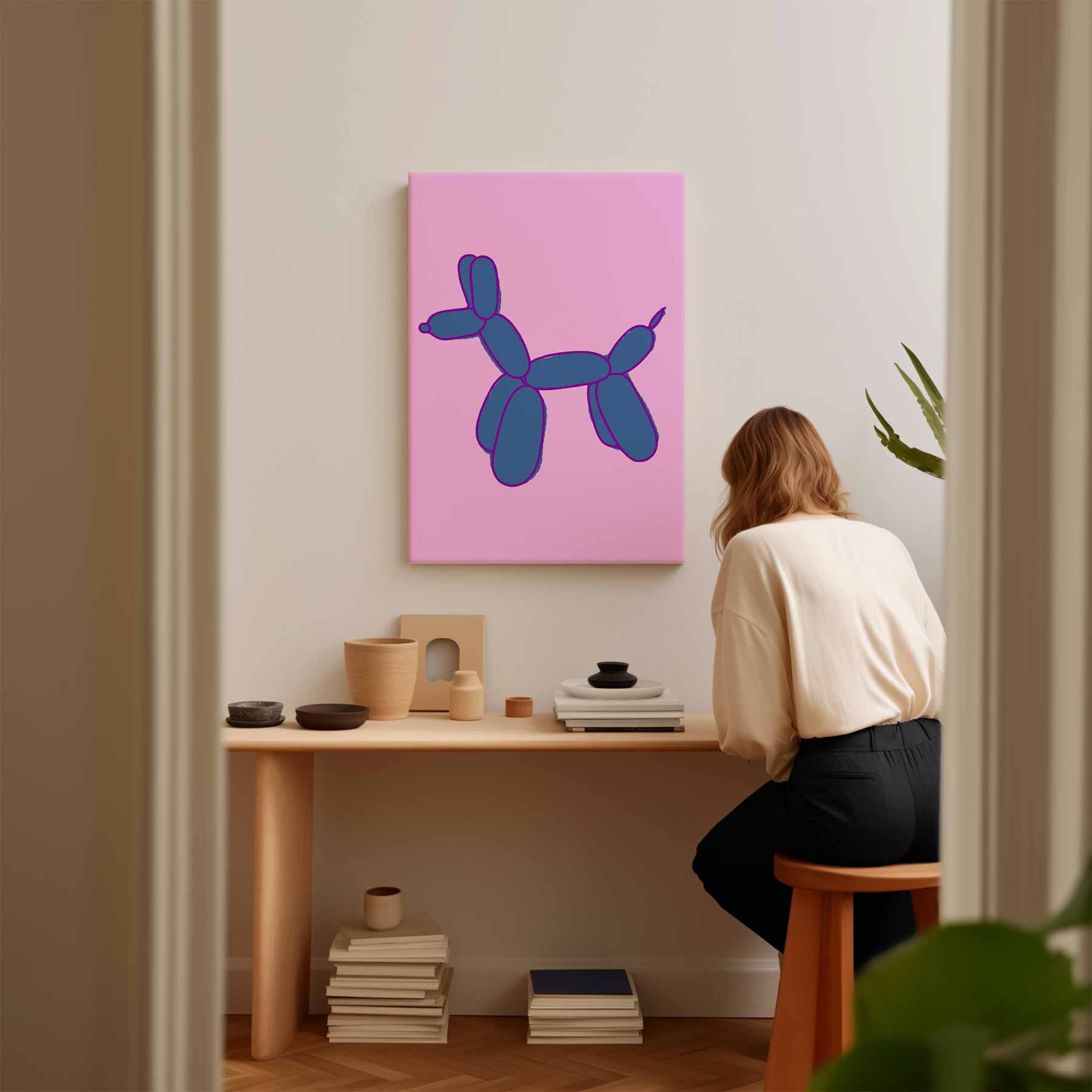 Vrolijke Ballonhond in Blauw Kunstwerk-canvas-dibond-plexiglas-wanddecoratie-WallArtistic