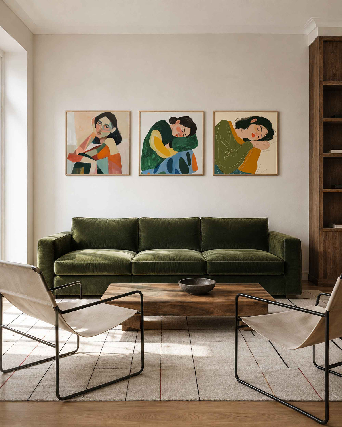 Interieurpresentatie van een driedelige vierkante posterset met vrouwenportretten