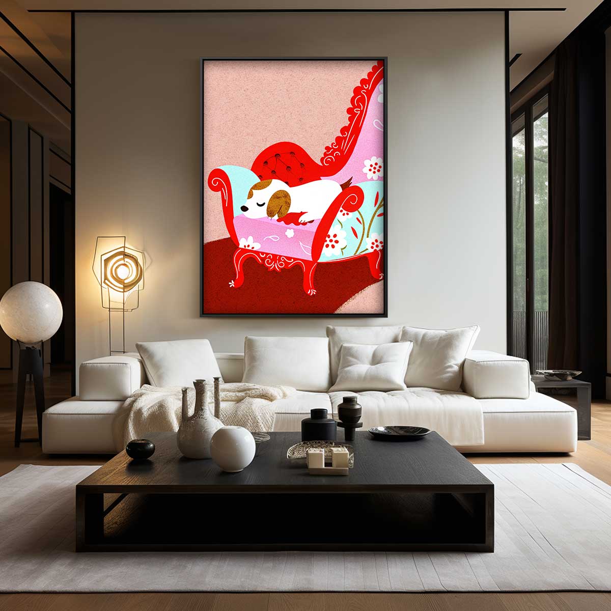 Slapend Hondje in Stijlvolle Stoel Kunstwerk-canvas-dibond-plexiglas-wanddecoratie-WallArtistic