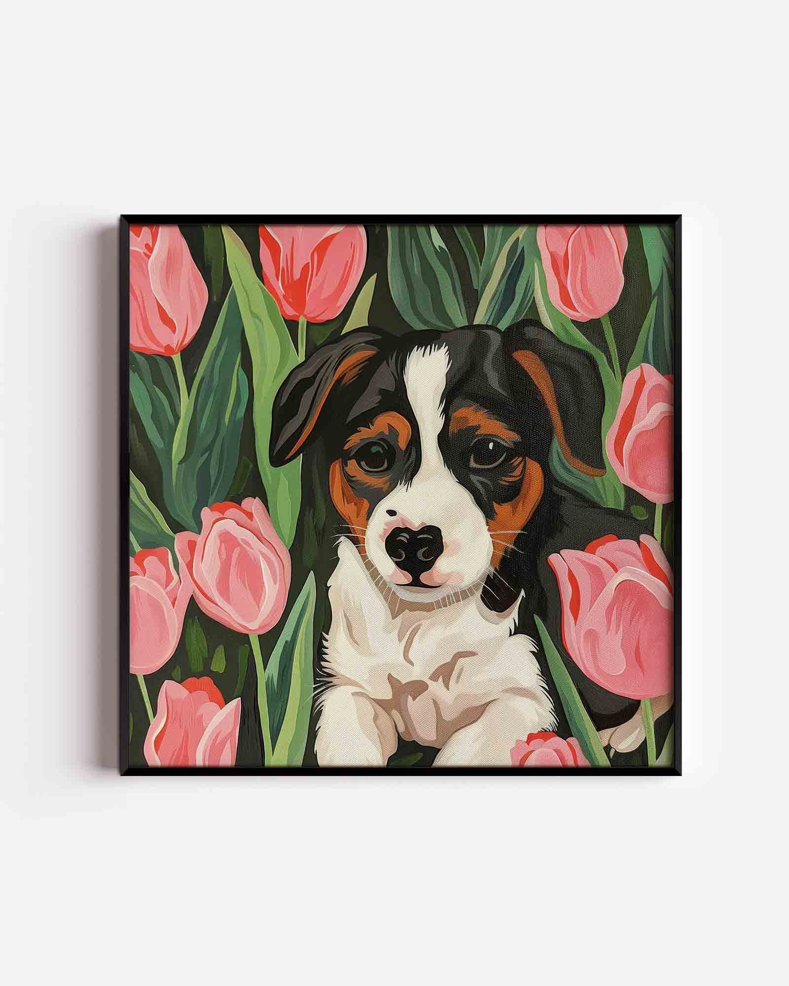 Hond tussen tulpen Poster