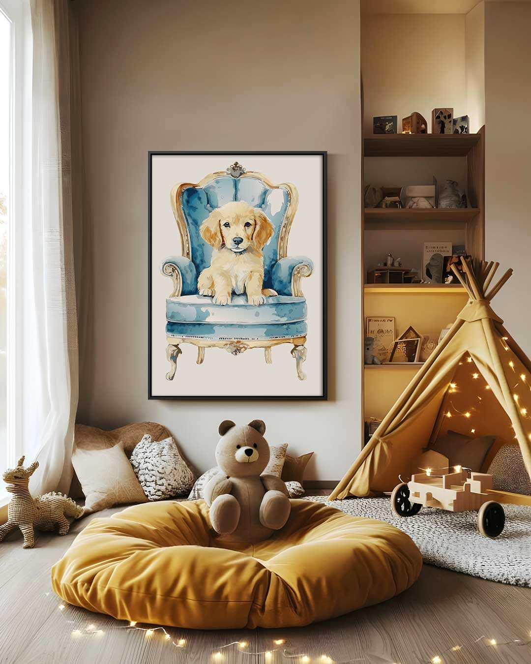 Koninklijk Hondje op Blauw Stoeltje Kunstwerk-canvas-dibond-plexiglas-wanddecoratie-WallArtistic