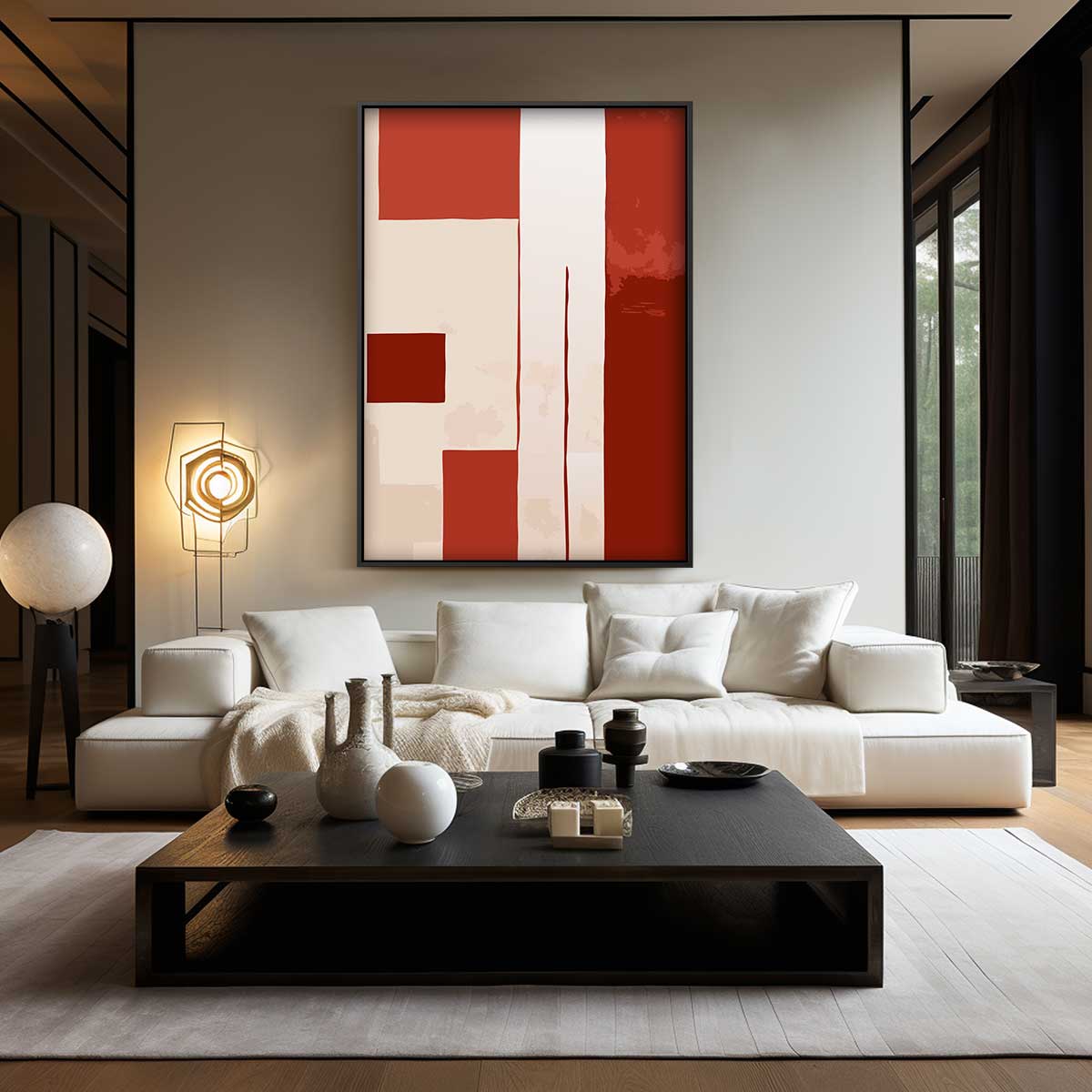 Abstracte Rood-Beige Compositie Kunstwerk-canvas-dibond-plexiglas-wanddecoratie-WallArtistic