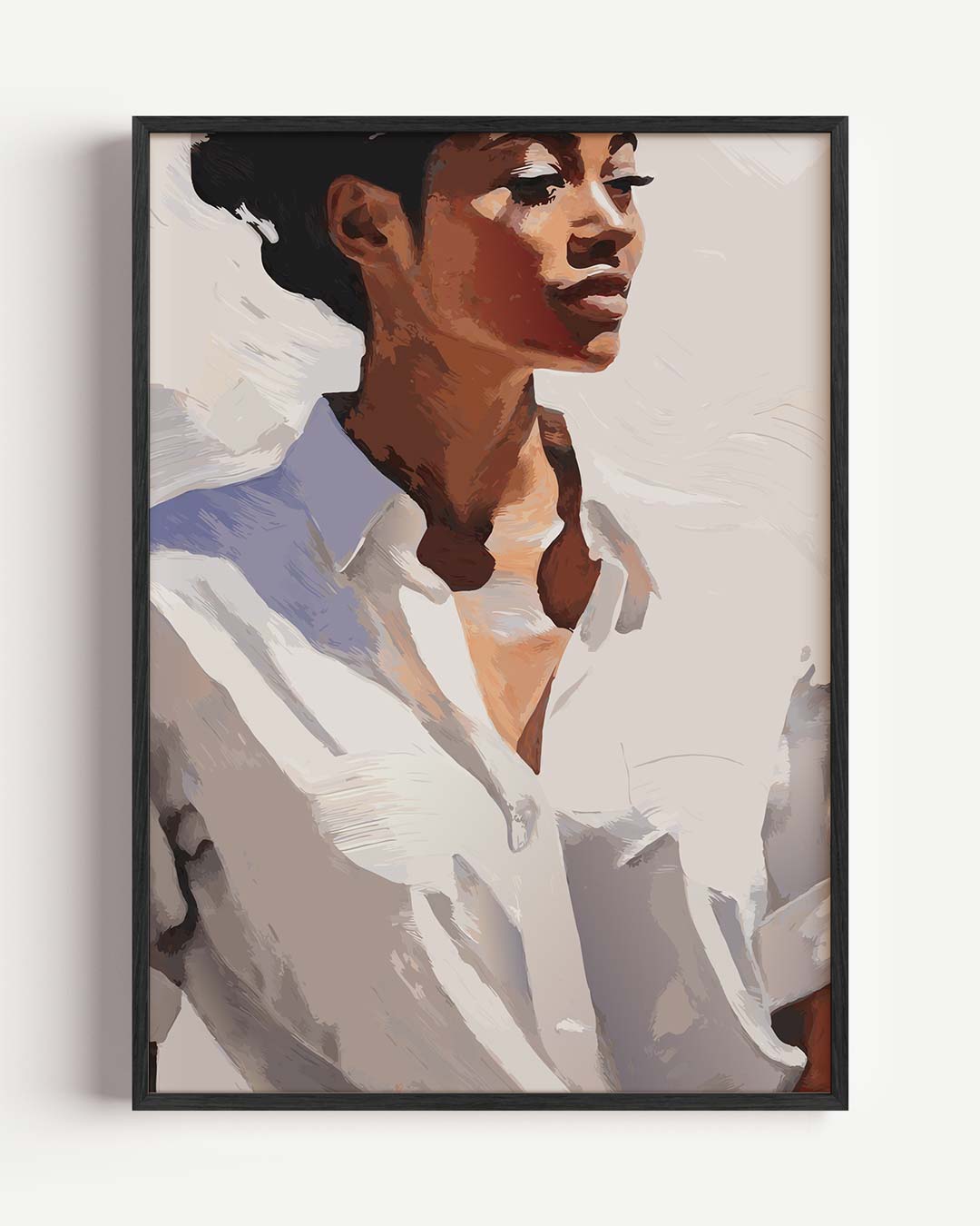 Elegante Vrouw in Witte Blouse Poster