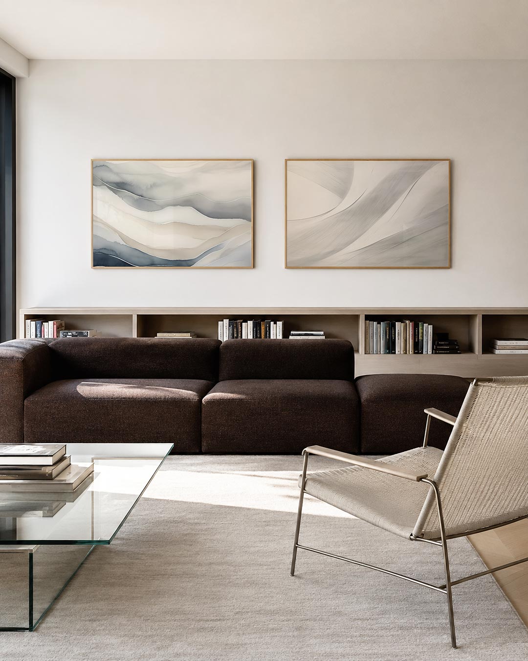 Twee liggende posters met zachte, golvende lijnen in grijstinten en beige, aan de muur in een interieur