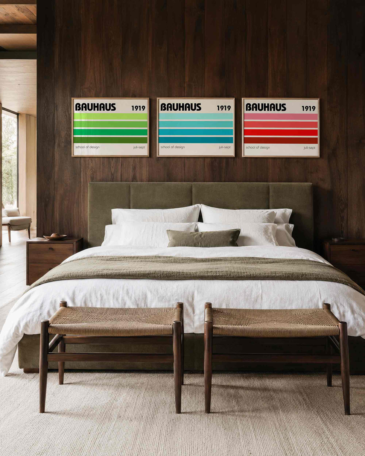 Interieurmockup van drieluik landscape-posterset met kleurbanen en jaartal