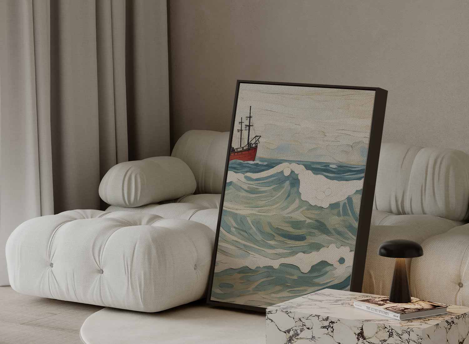 Golven van Avontuur: Rood Schip op Zee Kunstwerk-canvas-dibond-plexiglas-wanddecoratie-WallArtistic