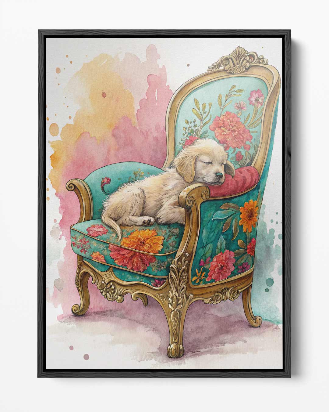 Dromerig Hondje op Bloemenstoel Kunstwerk-canvas-dibond-plexiglas-wanddecoratie-WallArtistic