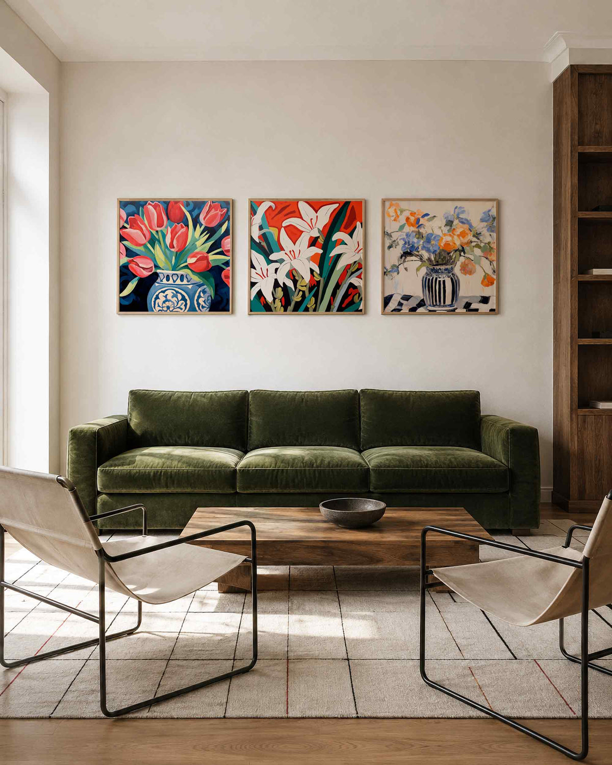 Interieurpresentatie van een driedelige vierkante posterset met bloemen in vazen