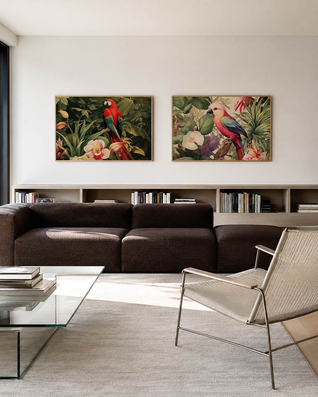 Interieurbeeld met twee liggende posters: een levendige papegaai