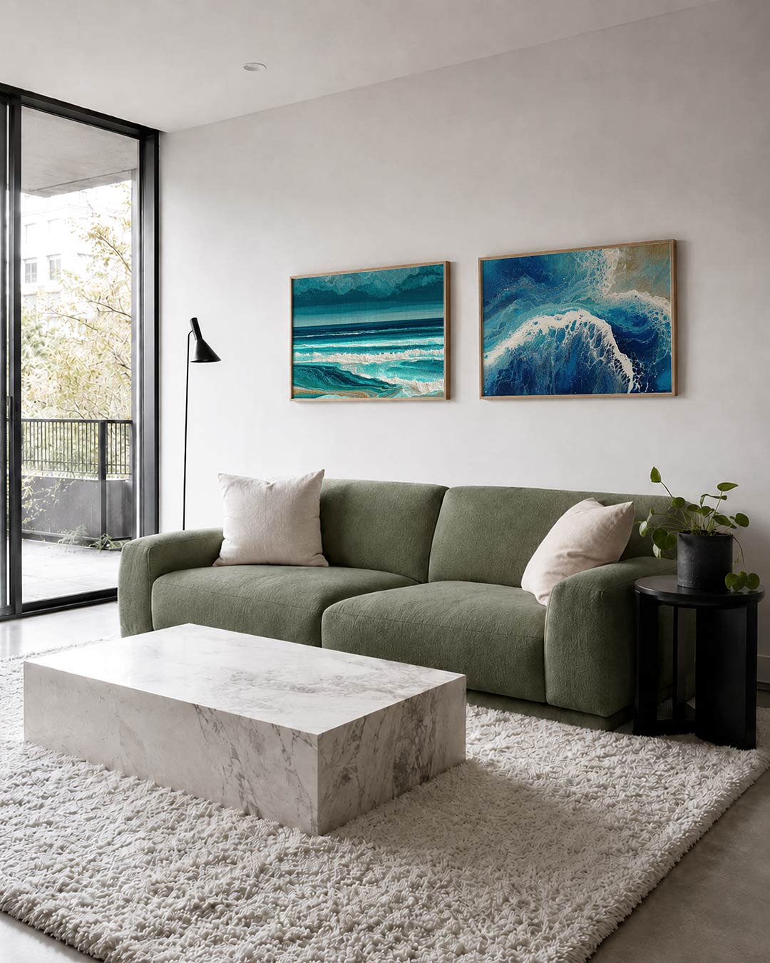 Twee liggende posters met golven in blauw en wit met een donkere lucht erboven, aan de muur in een interieur