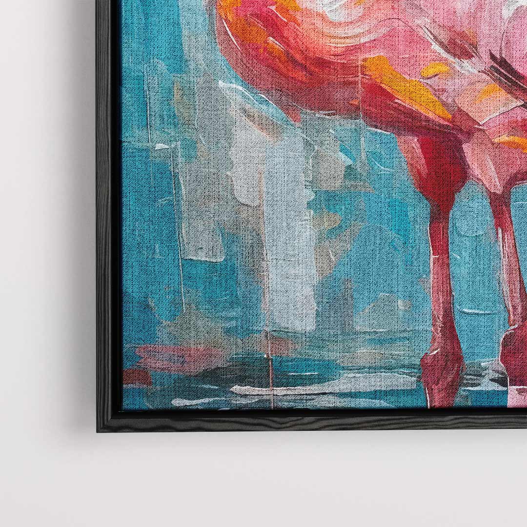 Vrolijke Flamingo op Blauw Kunstwerk-canvas-dibond-plexiglas-wanddecoratie-WallArtistic