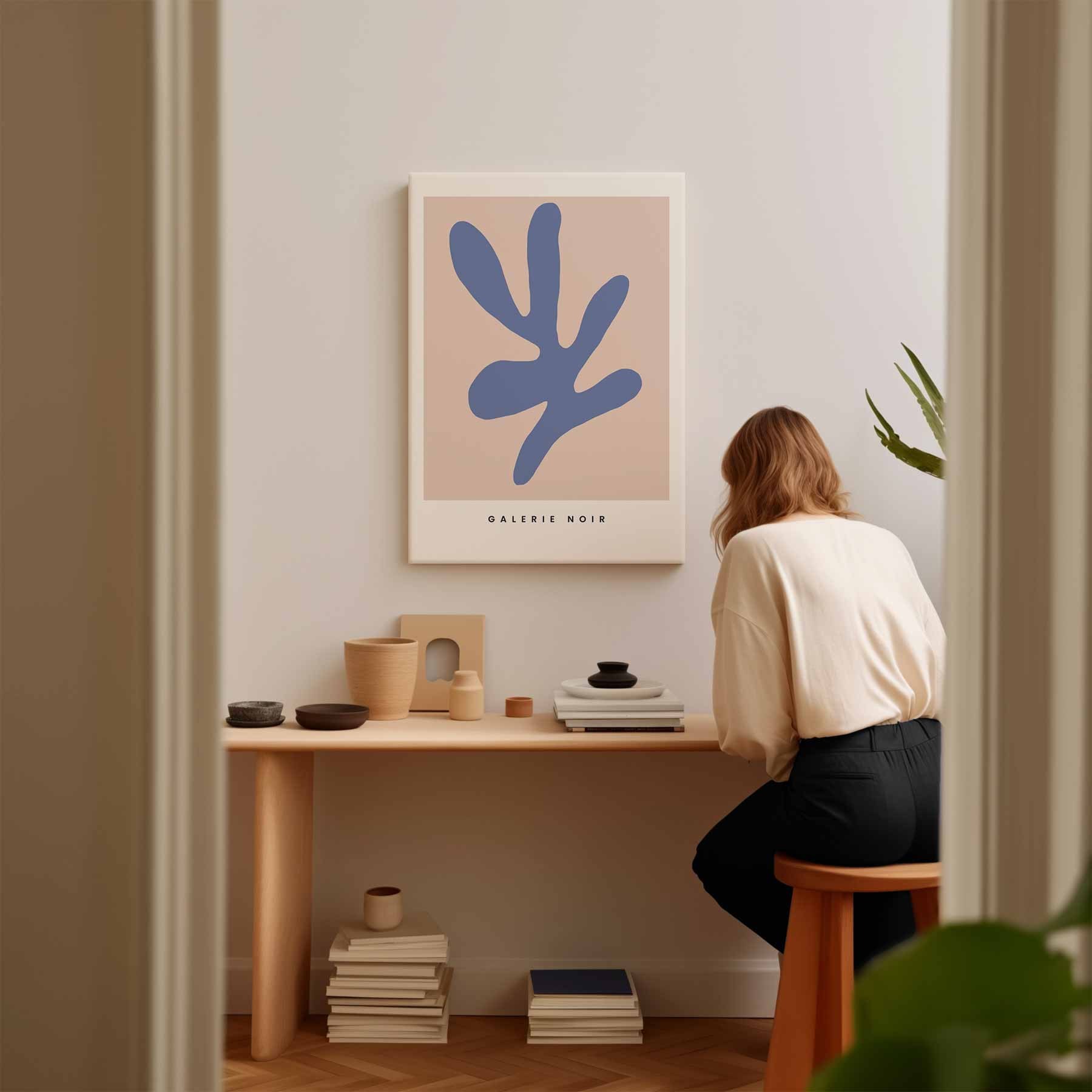 Abstracte Blauw Op Beige Kunstwerk-canvas-dibond-plexiglas-wanddecoratie-WallArtistic