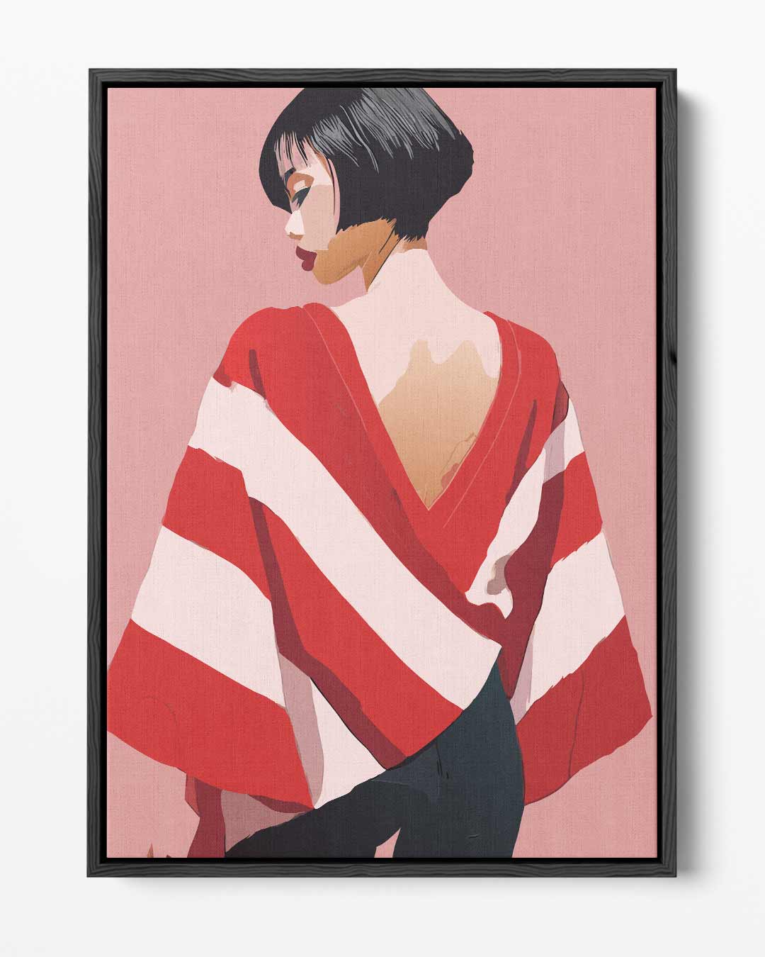 Vrouw met Rode en Witte Streep Cape Kunstwerk-canvas-dibond-plexiglas-wanddecoratie-WallArtistic