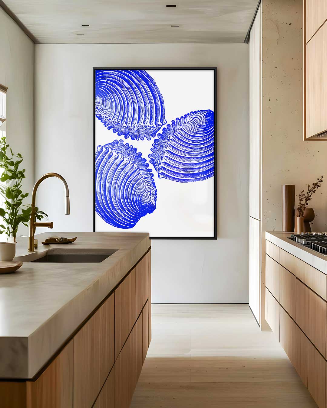 Blauwe Schelp Trio Kunstwerk Kunstwerk-canvas-dibond-plexiglas-wanddecoratie-WallArtistic