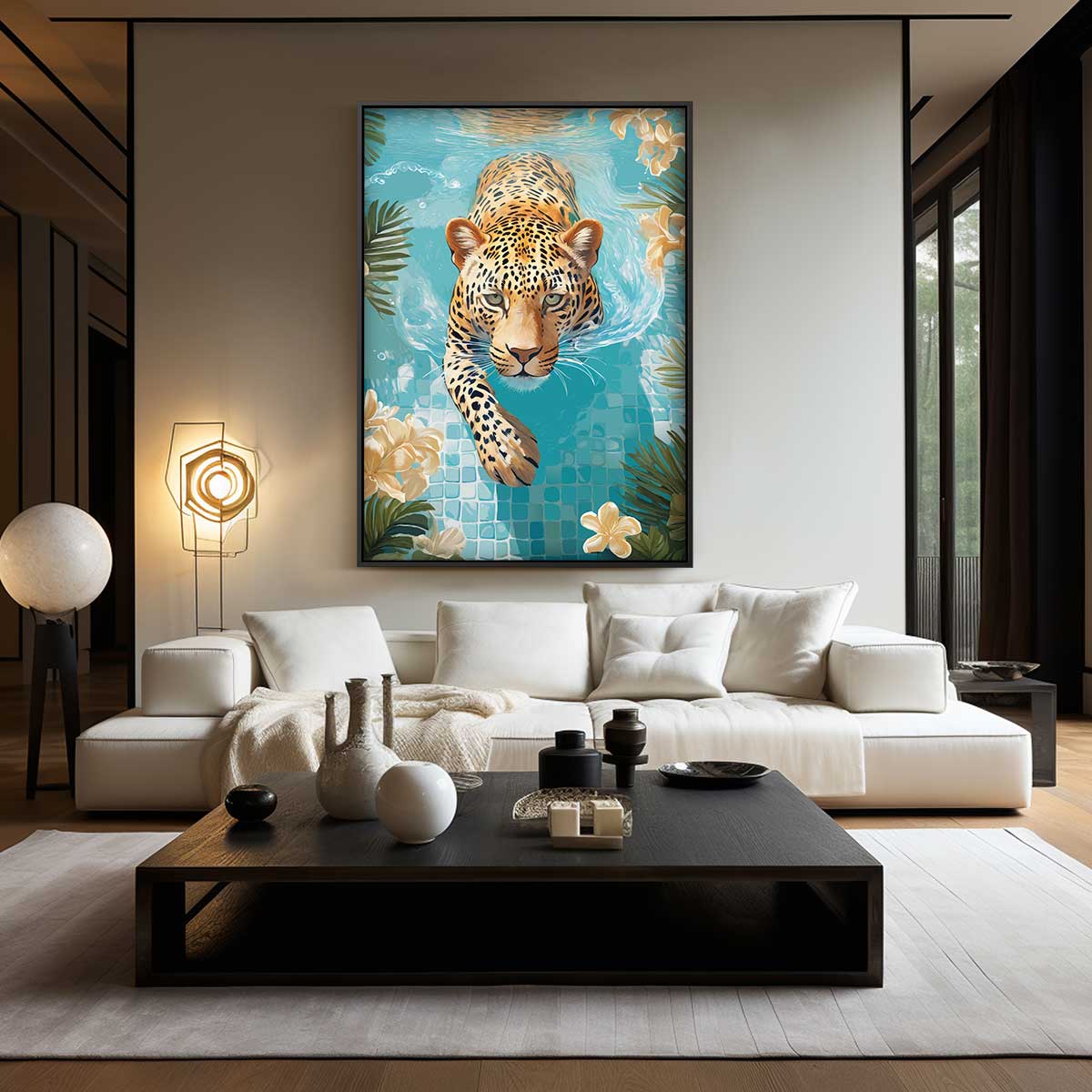 Zwemmende Luipaard in Tropisch Paradijs Kunstwerk-canvas-dibond-plexiglas-wanddecoratie-WallArtistic
