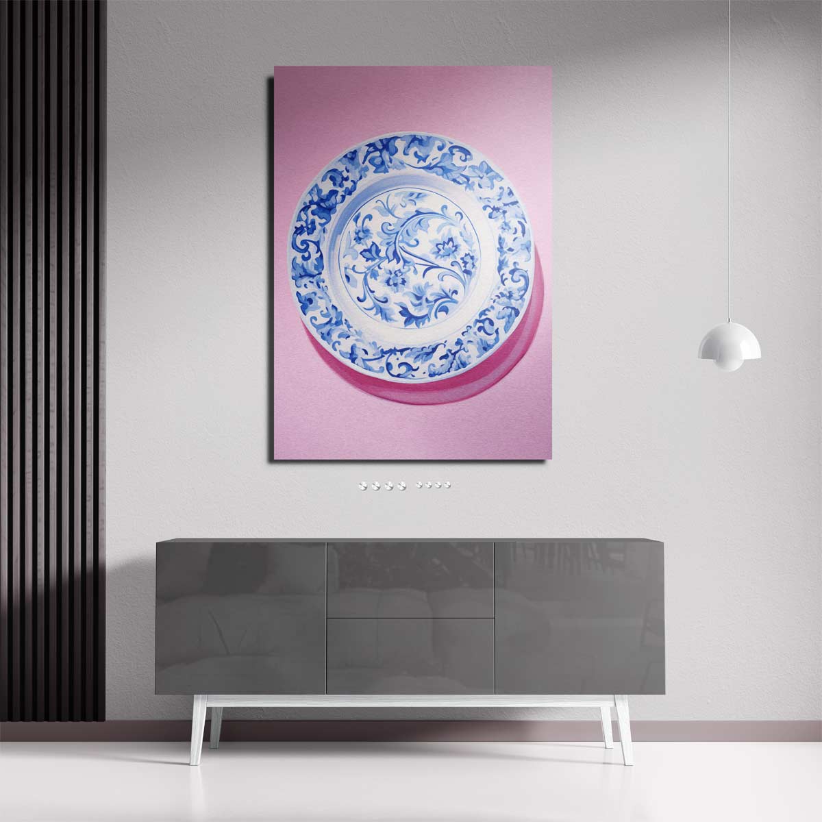 Blauwe Bloemenpracht op Roze Kunstwerk-canvas-dibond-plexiglas-wanddecoratie-WallArtistic