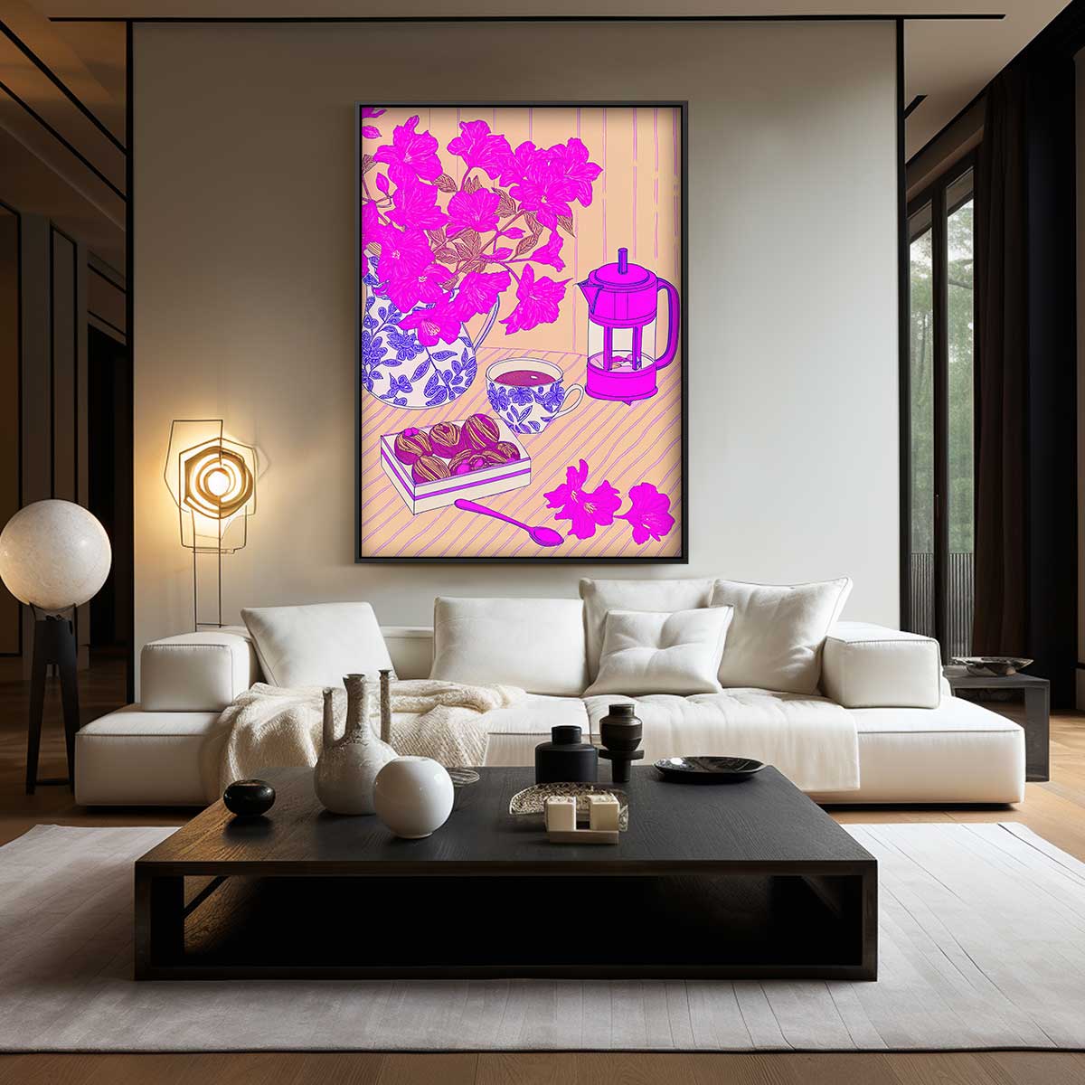 Bloemrijke Koffiemoment Kunstwerk-canvas-dibond-plexiglas-wanddecoratie-WallArtistic