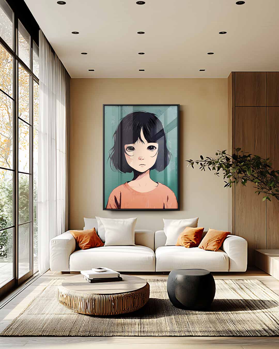 Meisje met Korte Zwarte Haarsnit Kunstwerk-canvas-dibond-plexiglas-wanddecoratie-WallArtistic