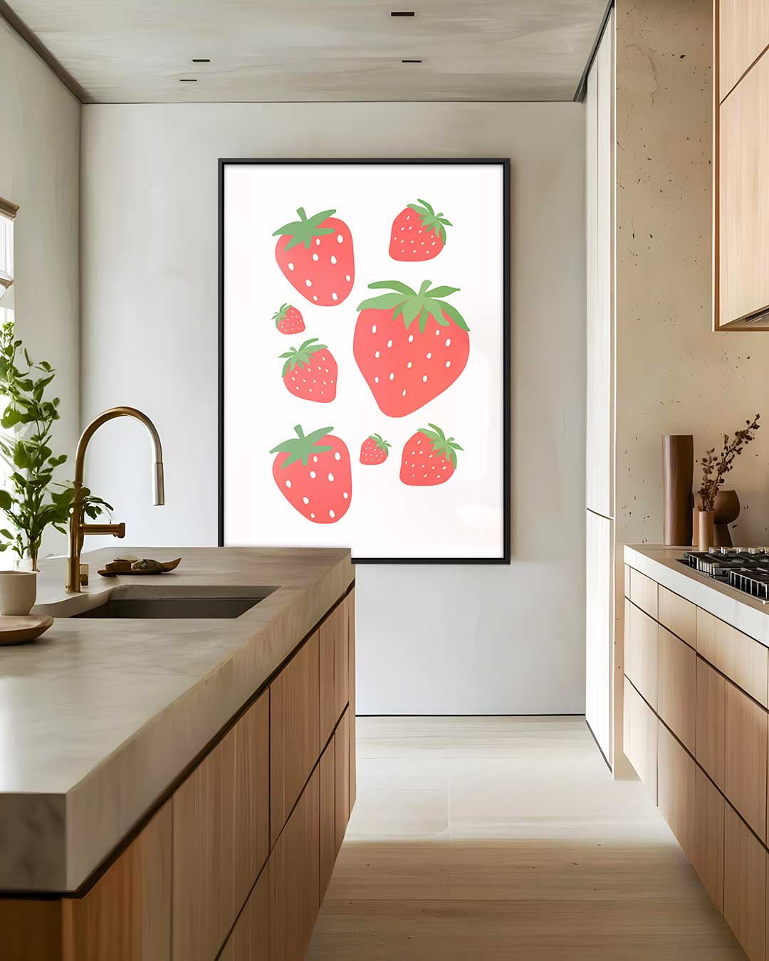 Speelse Aardbeien Illustratie Kunstwerk-canvas-dibond-plexiglas-wanddecoratie-WallArtistic