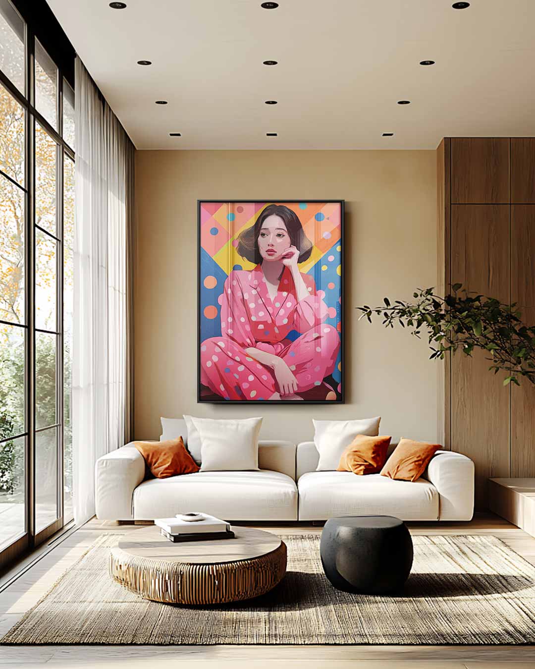 Kleurrijk Portret met Polka Dots Kunstwerk-canvas-dibond-plexiglas-wanddecoratie-WallArtistic
